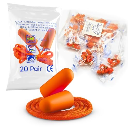 Schaumstoff-Ohrstöpsel mit Kordel – 20 Paar, weich & bequem, Einweg-Ohrstöpsel einzeln verpackt, Geräuschdämmung bis zu 32 dB – Ideal für Schlafen, Bauarbeiten, Schießsport