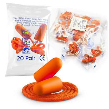 Schaumstoff-Ohrstöpsel mit Kordel – 20 Paar, weich & bequem, Einweg-Ohrstöpsel einzeln verpackt, Geräuschdämmung bis zu 32 dB – Ideal für Schlafen, Bauarbeiten, Schießsport
