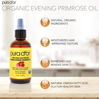 PURA D'OR Bio Nachtkerzenöl (120 ml) – 100% reines, kaltgepresstes Trägeröl mit essentiellen Fettsäuren & Antioxidantien – Feuchtigkeitsspendend, regenerierend, pflegend – für Haut, Haare & Gesicht