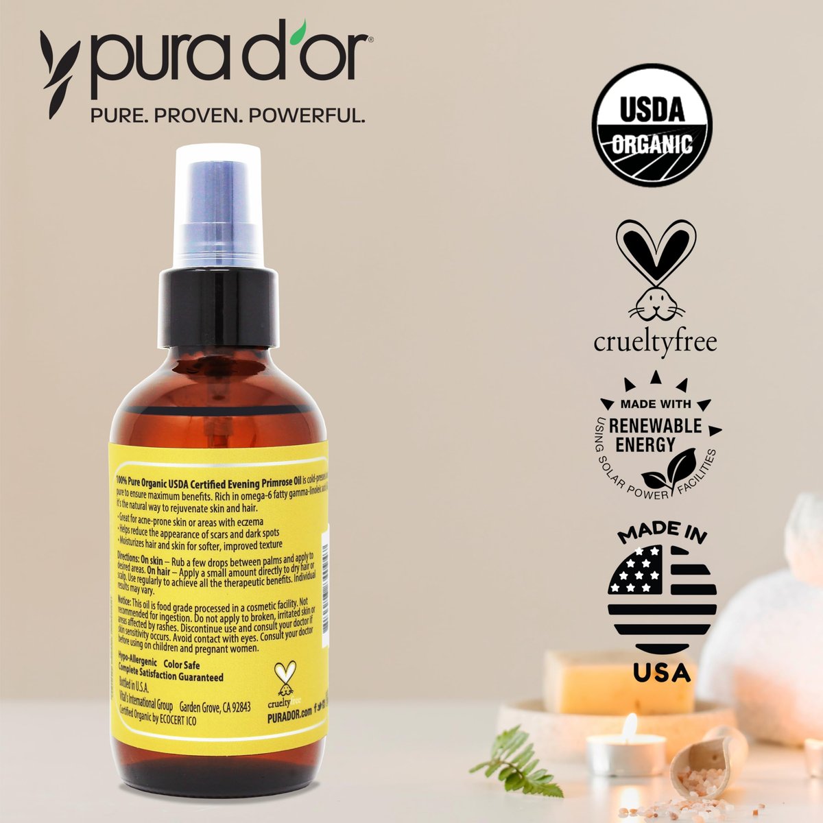 PURA D'OR Bio Nachtkerzenöl (120 ml) – 100% reines, kaltgepresstes Trägeröl mit essentiellen Fettsäuren & Antioxidantien – Feuchtigkeitsspendend, regenerierend, pflegend – für Haut, Haare & Gesicht