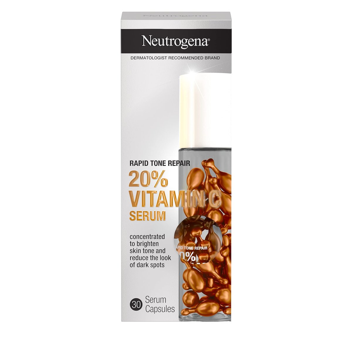 Neutrogena Rapid Tone Repair 20% Vitamin C Aufhellendes Gesichtsserum Kapseln – Antioxidans Serum gegen dunkle Flecken und für einen ebenmäßigen Hautton, ölfrei, 30 Kapseln
