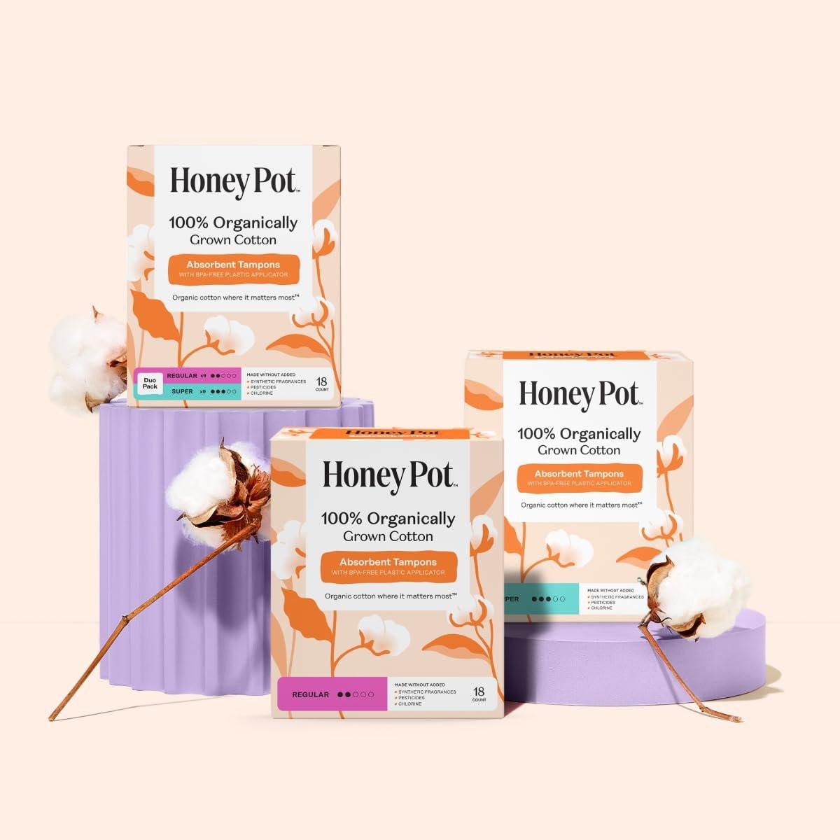 The Honey Pot Company - Multipack Tampons mit Bio-Kunststoff-Applikator - 100% Bio-Baumwollkern - Regular & Super Saugstärke - Duftneutral - Damenhygiene - 18 Stück
