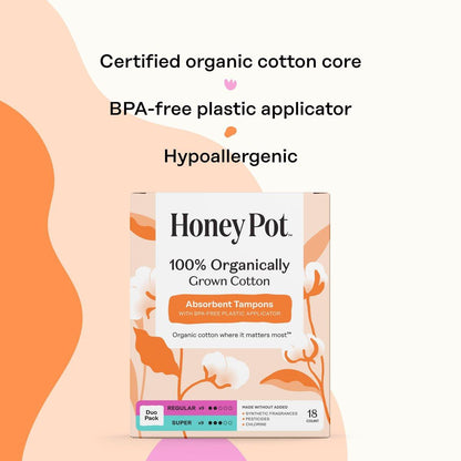 The Honey Pot Company - Multipack Tampons mit Bio-Kunststoff-Applikator - 100% Bio-Baumwollkern - Regular & Super Saugstärke - Duftneutral - Damenhygiene - 18 Stück