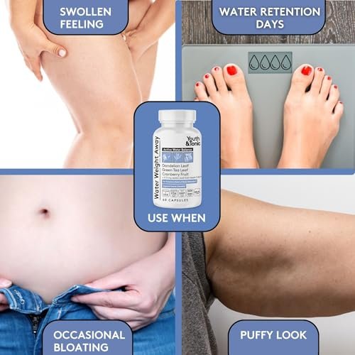Youth & Tonic Wasserpillen gegen Wassereinlagerungen – Natürliches Diuretikum für Entblähung & Flüssigkeitsbalance, Unterstützung bei geschwollenen Beinen & Füßen mit Kalium & Vitamin B6 – 60 Kapseln