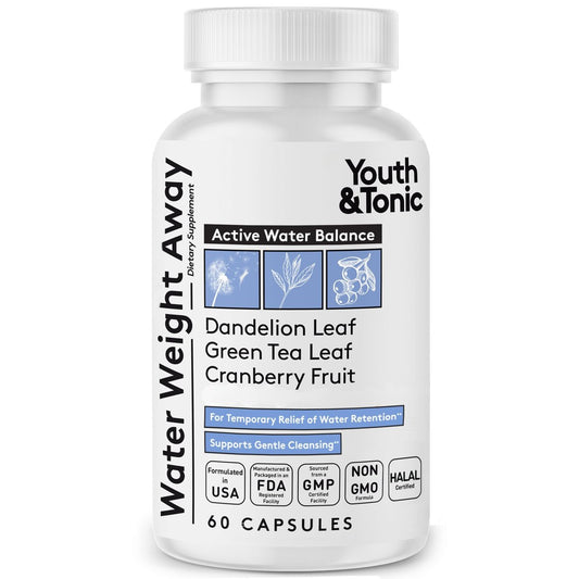 Youth & Tonic Wasserpillen gegen Wassereinlagerungen – Natürliches Diuretikum für Entblähung & Flüssigkeitsbalance, Unterstützung bei geschwollenen Beinen & Füßen mit Kalium & Vitamin B6 – 60 Kapseln