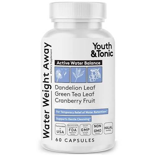 Youth & Tonic Wasserpillen gegen Wassereinlagerungen – Natürliches Diuretikum für Entblähung & Flüssigkeitsbalance, Unterstützung bei geschwollenen Beinen & Füßen mit Kalium & Vitamin B6 – 60 Kapseln