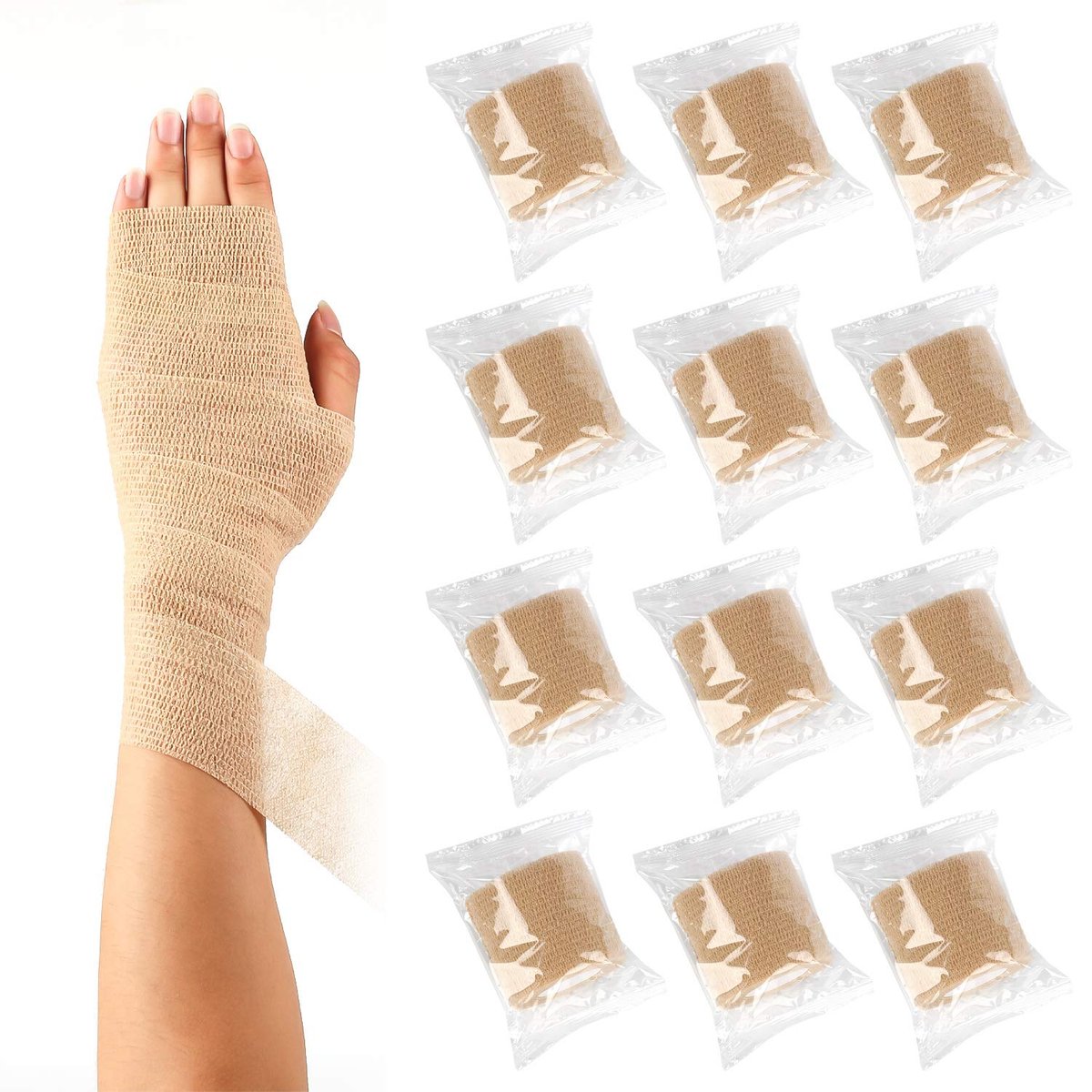 12er-Pack Selbstklebende Kohäsive Mullbinden 5 cm x 4,5 m, Erste-Hilfe-Bandage, elastisches selbstklebendes Tape, Sportverband, Handgelenk, hautfarben
