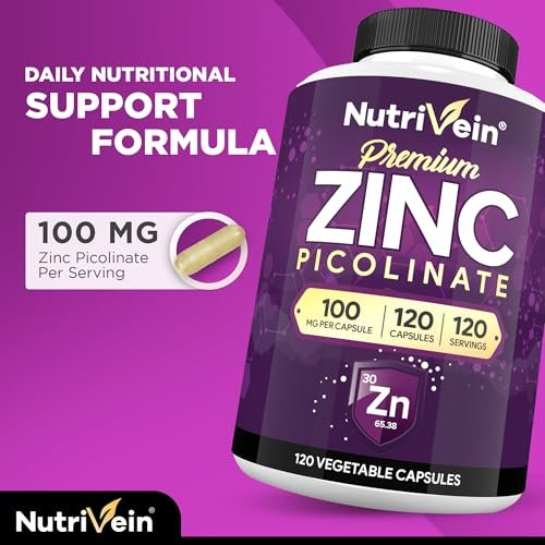 Nutrivein Premium Zinkpicolinat 100mg - 120 Kapseln für Erwachsene: Hochabsorbierendes Zinkpicolinat Nahrungsergänzungsmittel - Essentielle Nährstoffe für das allgemeine Wohlbefinden - Maximale Bioverfügbarkeit