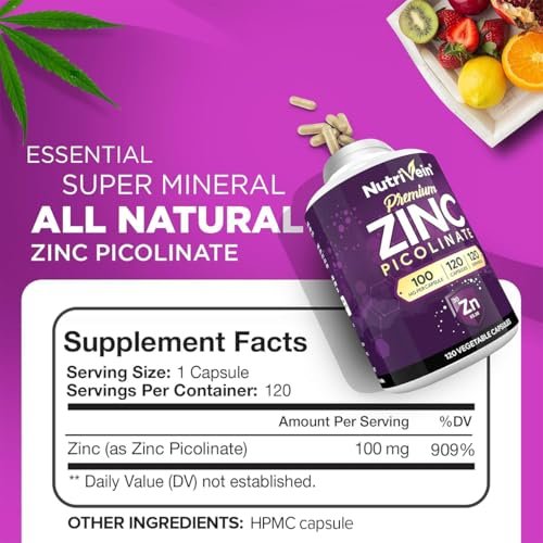 Nutrivein Premium Zinkpicolinat 100mg - 120 Kapseln für Erwachsene: Hochabsorbierendes Zinkpicolinat Nahrungsergänzungsmittel - Essentielle Nährstoffe für das allgemeine Wohlbefinden - Maximale Bioverfügbarkeit