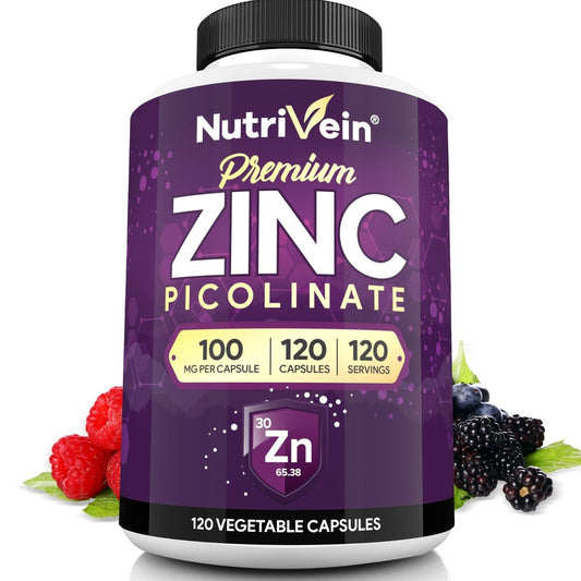 Nutrivein Premium Zinkpicolinat 100mg - 120 Kapseln für Erwachsene: Hochabsorbierendes Zinkpicolinat Nahrungsergänzungsmittel - Essentielle Nährstoffe für das allgemeine Wohlbefinden - Maximale Bioverfügbarkeit