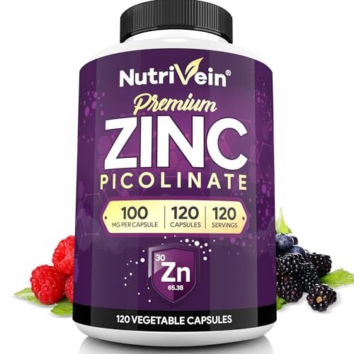 Nutrivein Premium Zinkpicolinat 100mg - 120 Kapseln für Erwachsene: Hochabsorbierendes Zinkpicolinat Nahrungsergänzungsmittel - Essentielle Nährstoffe für das allgemeine Wohlbefinden - Maximale Bioverfügbarkeit