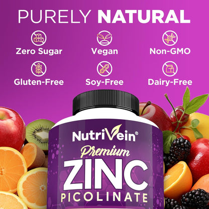 Nutrivein Premium Zinkpicolinat 100mg - 120 Kapseln für Erwachsene: Hochabsorbierendes Zinkpicolinat Nahrungsergänzungsmittel - Essentielle Nährstoffe für das allgemeine Wohlbefinden - Maximale Bioverfügbarkeit