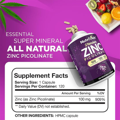 Nutrivein Premium Zinkpicolinat 100mg - 120 Kapseln für Erwachsene: Hochabsorbierendes Zinkpicolinat Nahrungsergänzungsmittel - Essentielle Nährstoffe für das allgemeine Wohlbefinden - Maximale Bioverfügbarkeit