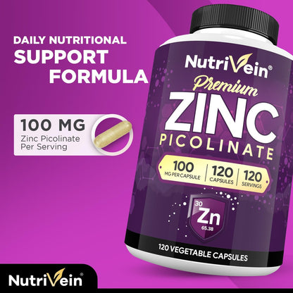 Nutrivein Premium Zinkpicolinat 100mg - 120 Kapseln für Erwachsene: Hochabsorbierendes Zinkpicolinat Nahrungsergänzungsmittel - Essentielle Nährstoffe für das allgemeine Wohlbefinden - Maximale Bioverfügbarkeit