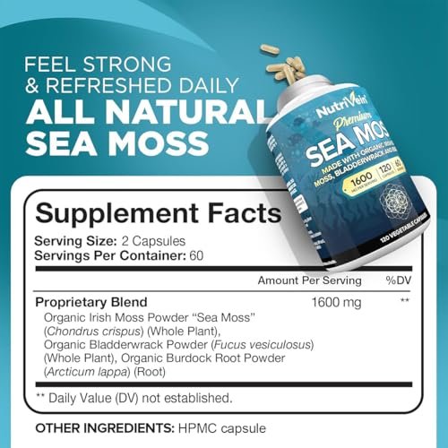 Nutrivein Bio-Organisches Sea Moss 1600 mg plus Bladderwrack & Klette – 120 Kapseln – Präbiotisches Superfood für Immunsystem, Verdauung, Schilddrüse, Haut, Gelenke – Keto & Detox Unterstützung