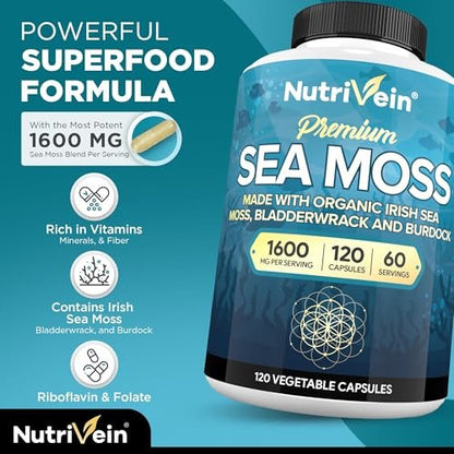 Nutrivein Bio-Organisches Sea Moss 1600 mg plus Bladderwrack & Klette – 120 Kapseln – Präbiotisches Superfood für Immunsystem, Verdauung, Schilddrüse, Haut, Gelenke – Keto & Detox Unterstützung
