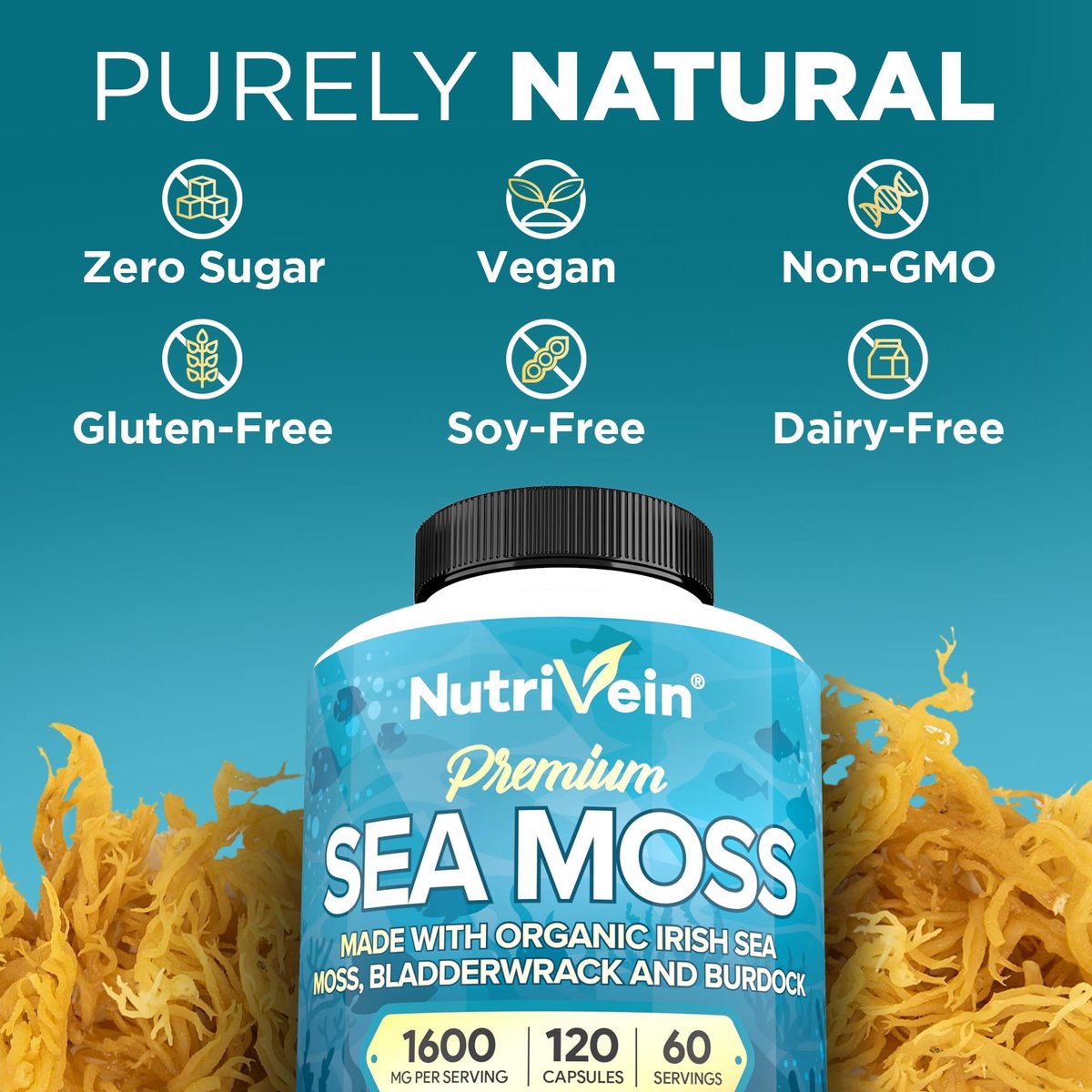 Nutrivein Bio-Organisches Sea Moss 1600 mg plus Bladderwrack & Klette – 120 Kapseln – Präbiotisches Superfood für Immunsystem, Verdauung, Schilddrüse, Haut, Gelenke – Keto & Detox Unterstützung