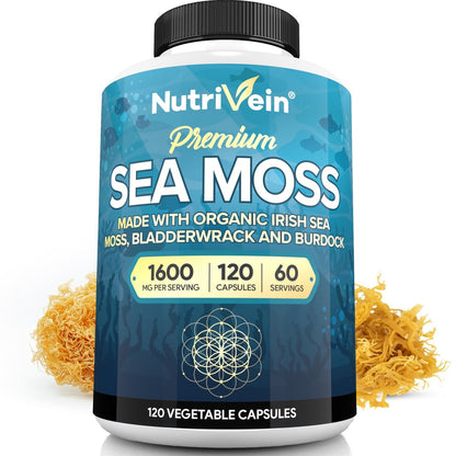 Nutrivein Bio-Organisches Sea Moss 1600 mg plus Bladderwrack & Klette – 120 Kapseln – Präbiotisches Superfood für Immunsystem, Verdauung, Schilddrüse, Haut, Gelenke – Keto & Detox Unterstützung