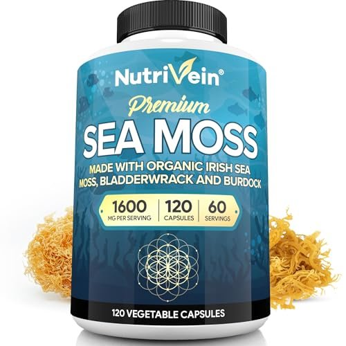 Nutrivein Bio-Organisches Sea Moss 1600 mg plus Bladderwrack & Klette – 120 Kapseln – Präbiotisches Superfood für Immunsystem, Verdauung, Schilddrüse, Haut, Gelenke – Keto & Detox Unterstützung