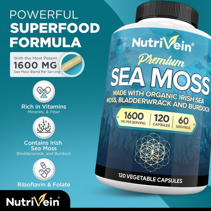 Nutrivein Bio-Organisches Sea Moss 1600 mg plus Bladderwrack & Klette – 120 Kapseln – Präbiotisches Superfood für Immunsystem, Verdauung, Schilddrüse, Haut, Gelenke – Keto & Detox Unterstützung