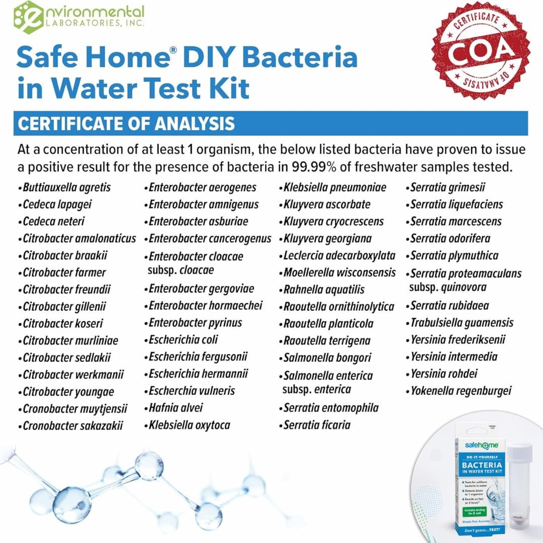 Safe Home® DIY Bakterien im Wasser Testkit – Ergebnisse in nur 6 Stunden – Erkennt 50 verschiedene Arten von coliformen Bakterien – EPA-Labor-zertifiziert – Hergestellt in den USA – (1 Packung)
