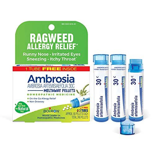 Boiron Ambrosia 30C Homöopathisches Mittel zur Linderung von Allergiesymptomen wie Niesen, laufender Nase, gereizten Augen und juckendem Hals oder Nase - 3 Packungen (240 Kügelchen)