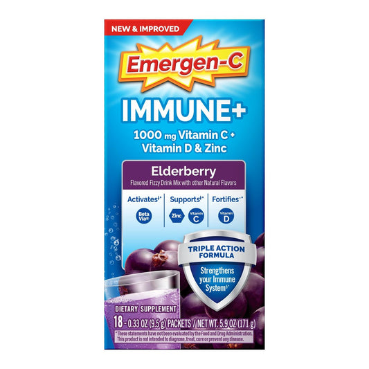 Emergen-C Immune+ Triple Action Immununterstützung Pulver mit BetaVia®, 1000 mg Vitamin C, B-Vitamine, Vitamin D und Antioxidantien, Holunderbeere – 18 Portionen