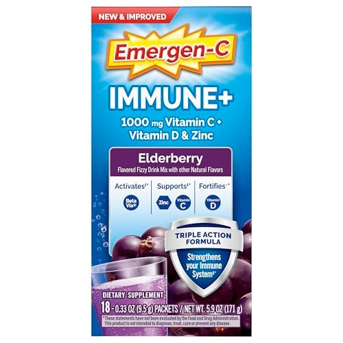 Emergen-C Immune+ Triple Action Immununterstützung Pulver mit BetaVia®, 1000 mg Vitamin C, B-Vitamine, Vitamin D und Antioxidantien, Holunderbeere – 18 Portionen