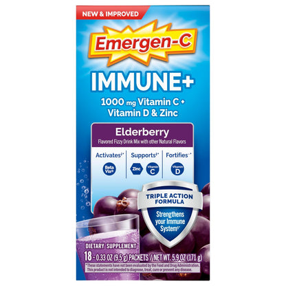 Emergen-C Immune+ Triple Action Immununterstützung Pulver mit BetaVia®, 1000 mg Vitamin C, B-Vitamine, Vitamin D und Antioxidantien, Holunderbeere – 18 Portionen