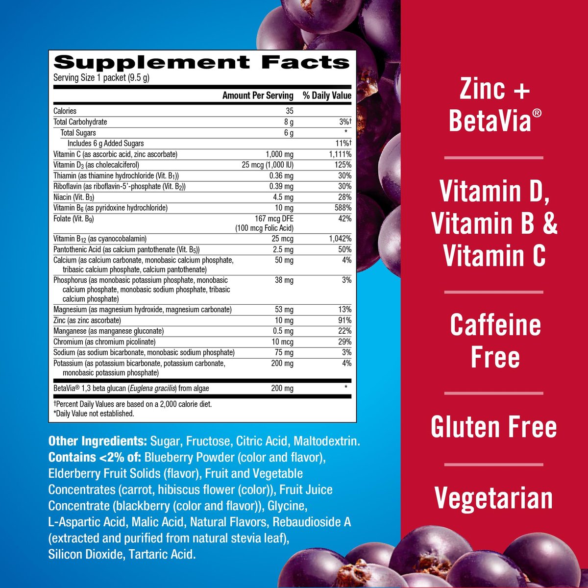 Emergen-C Immune+ Triple Action Immununterstützung Pulver mit BetaVia®, 1000 mg Vitamin C, B-Vitamine, Vitamin D und Antioxidantien, Holunderbeere – 18 Portionen