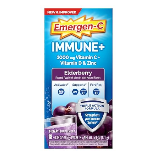 Emergen-C Immune+ Triple Action Immununterstützung Pulver mit BetaVia®, 1000 mg Vitamin C, B-Vitamine, Vitamin D und Antioxidantien, Holunderbeere – 18 Portionen