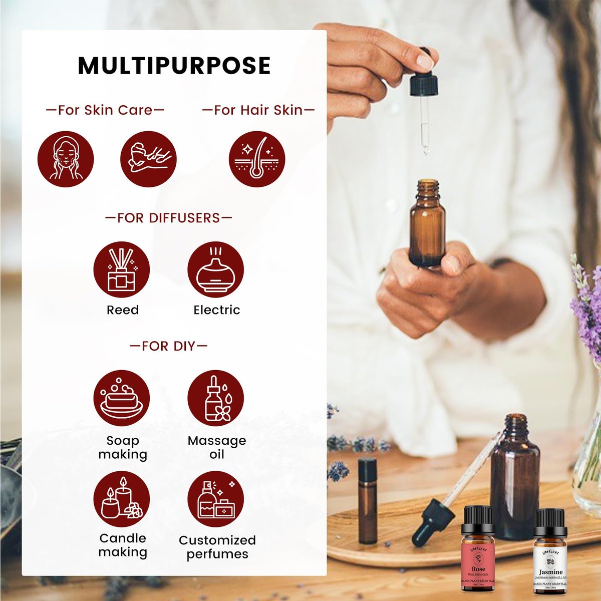 yethious Rosen- und Jasmin-Öl-Set – 2x10 ml Ätherische Öle für Diffuser, Haut, Haare, Körper, Gesicht, Parfüm, Seife, Kerzenherstellung
