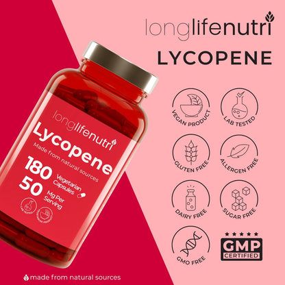 Lycopin 50 mg 180 vegane Kapseln | Nahrungsergänzungsmittel | Natürlicher Tomatenextrakt, Non-GMO, reines Pulver