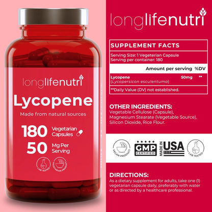 Lycopin 50 mg 180 vegane Kapseln | Nahrungsergänzungsmittel | Natürlicher Tomatenextrakt, Non-GMO, reines Pulver