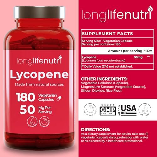 Lycopin 50 mg 180 vegane Kapseln | Nahrungsergänzungsmittel | Natürlicher Tomatenextrakt, Non-GMO, reines Pulver