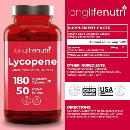 Lycopin 50 mg 180 vegane Kapseln | Nahrungsergänzungsmittel | Natürlicher Tomatenextrakt, Non-GMO, reines Pulver