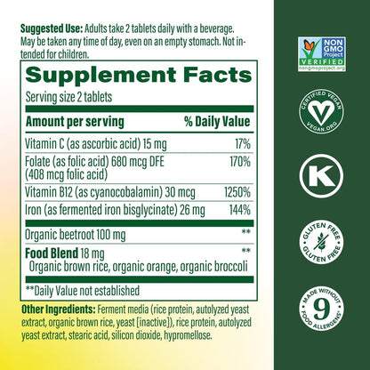 MegaFood Blood Builder Eisenpräparat für Frauen & Männer - Steigern Sie Ihren Eisenspiegel ohne Nebenwirkungen - Bekämpft Müdigkeit - Vitamin B12, Folsäure & Vitamin C - Vegan - 72 Minitabletten (36 Portionen)
