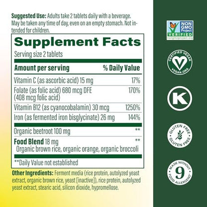 MegaFood Blood Builder Eisenpräparat für Frauen & Männer - Steigern Sie Ihren Eisenspiegel ohne Nebenwirkungen - Bekämpft Müdigkeit - Vitamin B12, Folsäure & Vitamin C - Vegan - 72 Minitabletten (36 Portionen)