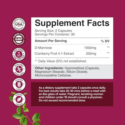 D-Mannose mit Cranberry Kapseln – 1000 mg pro Portion für Nieren-, Blasen- und Harnwegsgesundheit – 60 Kapseln