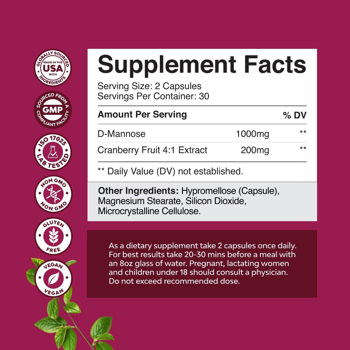 D-Mannose mit Cranberry Kapseln – 1000 mg pro Portion für Nieren-, Blasen- und Harnwegsgesundheit – 60 Kapseln