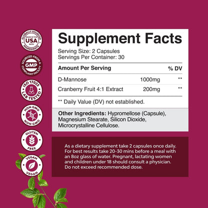 D-Mannose mit Cranberry Kapseln – 1000 mg pro Portion für Nieren-, Blasen- und Harnwegsgesundheit – 60 Kapseln