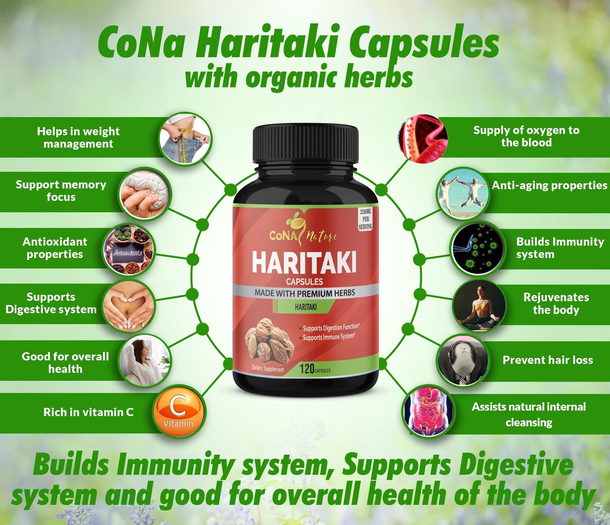 Cona Nature Bio Indien Haritaki Kapseln 2250 mg - Verjüngung, Verbesserung der Verdauung, Regelmäßigkeit | Nicht-GVO, vegan, glutenfrei, 120 Kapseln
