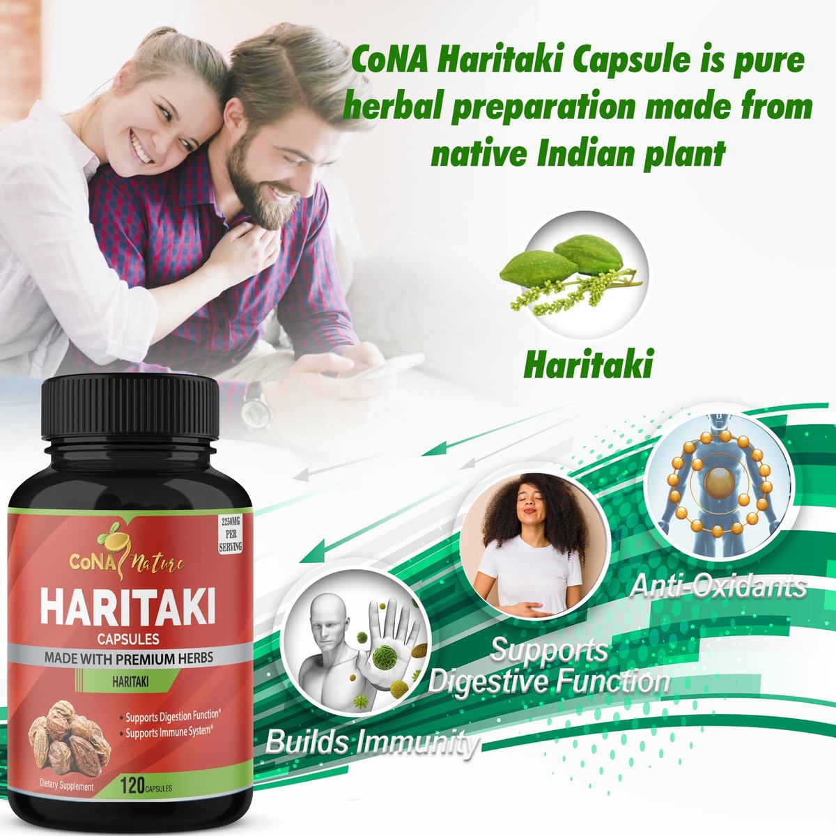 Cona Nature Bio Indien Haritaki Kapseln 2250 mg - Verjüngung, Verbesserung der Verdauung, Regelmäßigkeit | Nicht-GVO, vegan, glutenfrei, 120 Kapseln