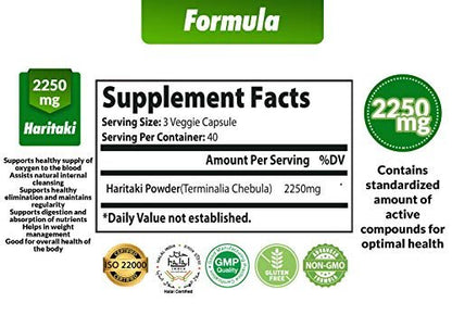 Cona Nature Bio Indien Haritaki Kapseln 2250 mg - Verjüngung, Verbesserung der Verdauung, Regelmäßigkeit | Nicht-GVO, vegan, glutenfrei, 120 Kapseln