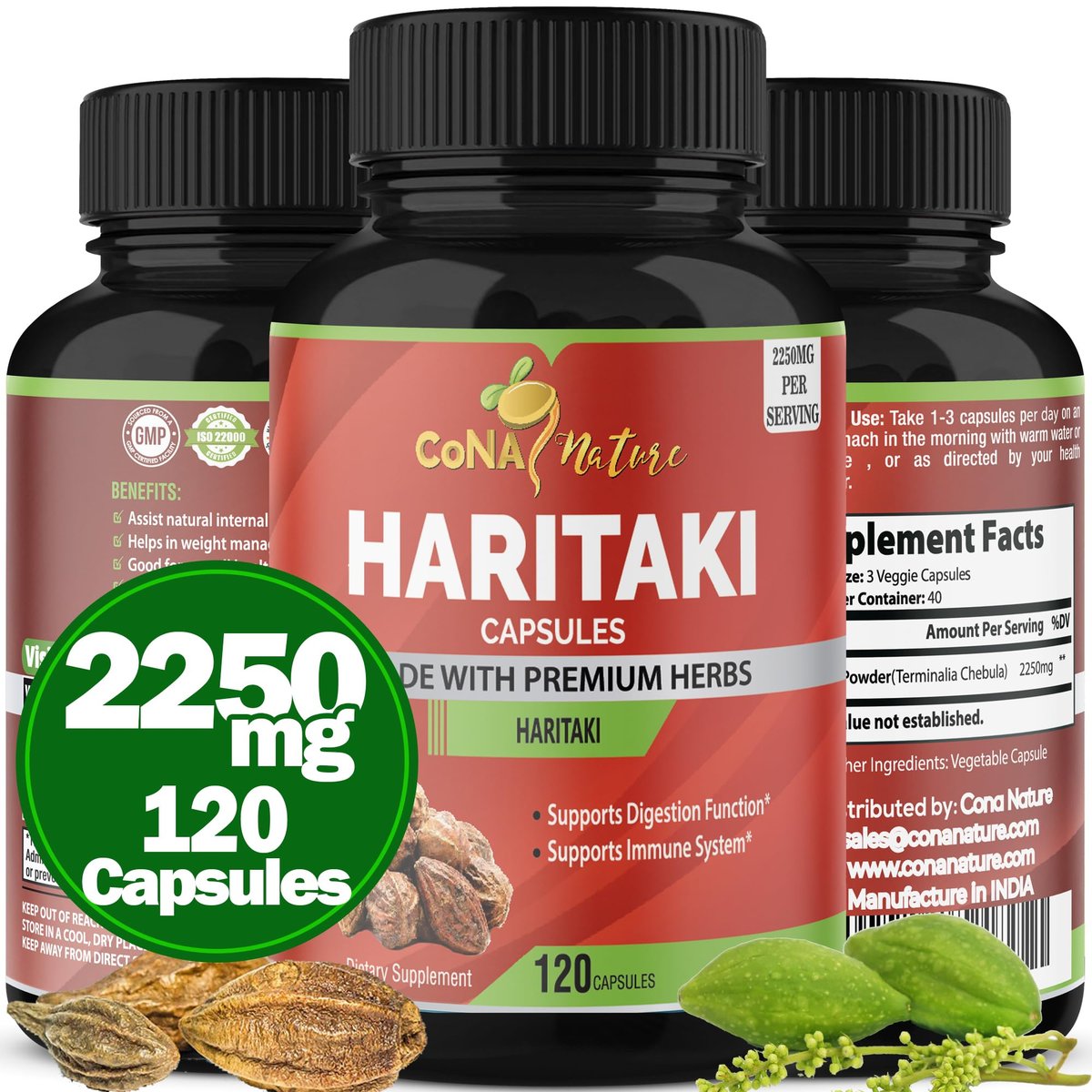Cona Nature Bio Indien Haritaki Kapseln 2250 mg - Verjüngung, Verbesserung der Verdauung, Regelmäßigkeit | Nicht-GVO, vegan, glutenfrei, 120 Kapseln