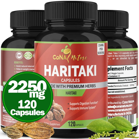 Cona Nature Bio Indien Haritaki Kapseln 2250 mg - Verjüngung, Verbesserung der Verdauung, Regelmäßigkeit | Nicht-GVO, vegan, glutenfrei, 120 Kapseln