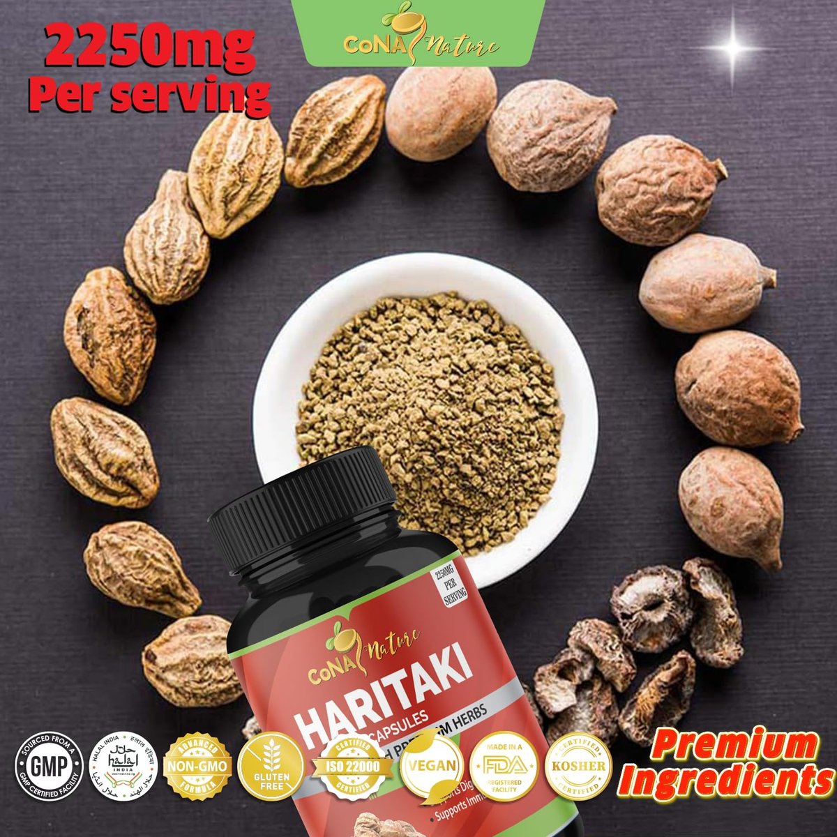 Cona Nature Bio Indien Haritaki Kapseln 2250 mg - Verjüngung, Verbesserung der Verdauung, Regelmäßigkeit | Nicht-GVO, vegan, glutenfrei, 120 Kapseln