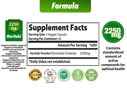 Cona Nature Bio Indien Haritaki Kapseln 2250 mg - Verjüngung, Verbesserung der Verdauung, Regelmäßigkeit | Nicht-GVO, vegan, glutenfrei, 120 Kapseln