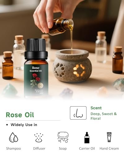 Rosenöl, 100 % rein & natürlich – Reines Rosenöl für Aromatherapie-Diffuser, Haut- & Haarpflege, Parfüm, Seifen- & Kerzenherstellung, 0,33 Fl Oz / 10 ml Mumianhua