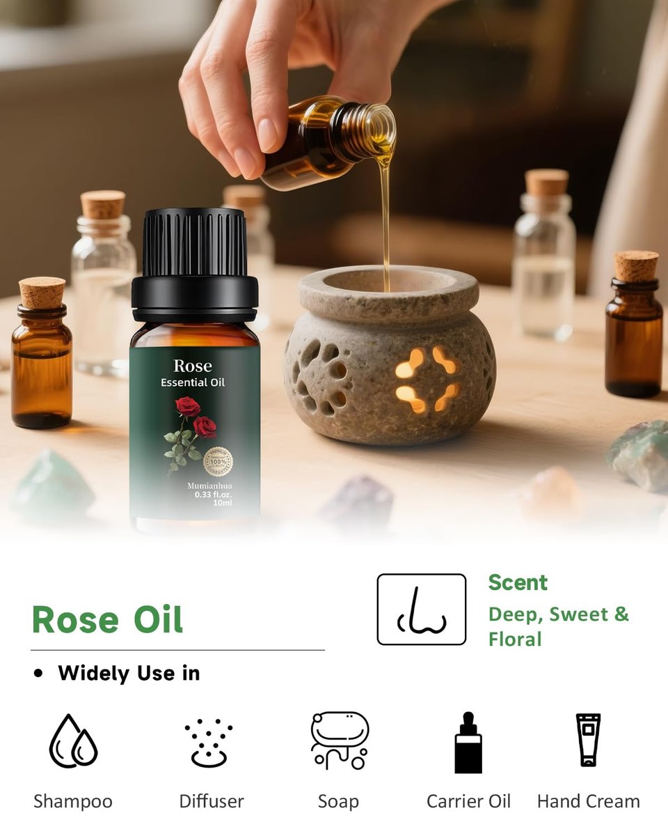 Rosenöl, 100 % rein & natürlich – Reines Rosenöl für Aromatherapie-Diffuser, Haut- & Haarpflege, Parfüm, Seifen- & Kerzenherstellung, 0,33 Fl Oz / 10 ml Mumianhua